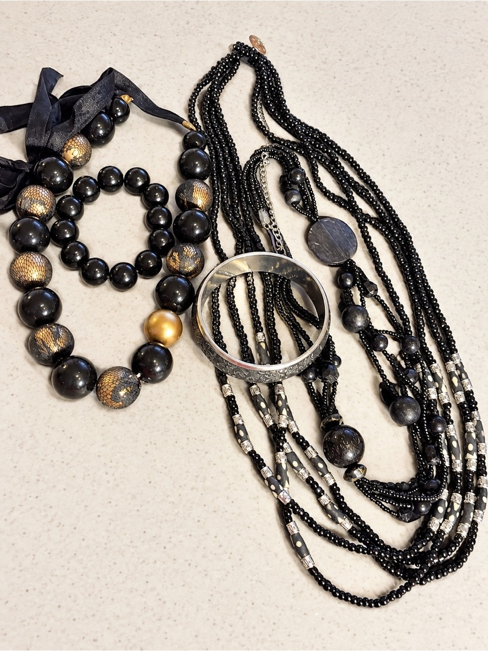 5 Pc Black Boho Statement Jewelry Lot 3 Necklaces 2 Bracelets Beaded